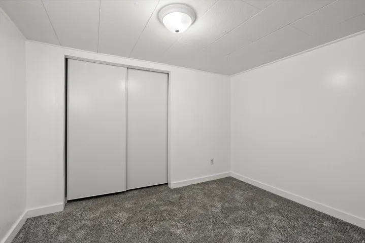 Neutral white walls with matching trim, gray carpet, and a white ceiling with a flush-mount light fixture