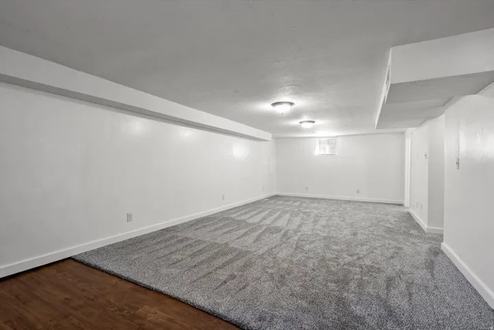 Spacious room featuring new gray patterned carpeting and a separate wood-finish flooring area