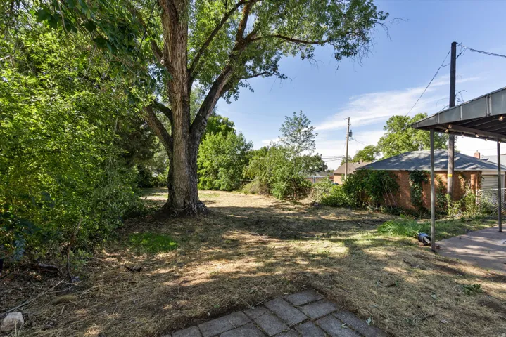 Spacious outdoor area featuring a large mature tree, established shrubbery, a paved patio section, and a detached brick structure