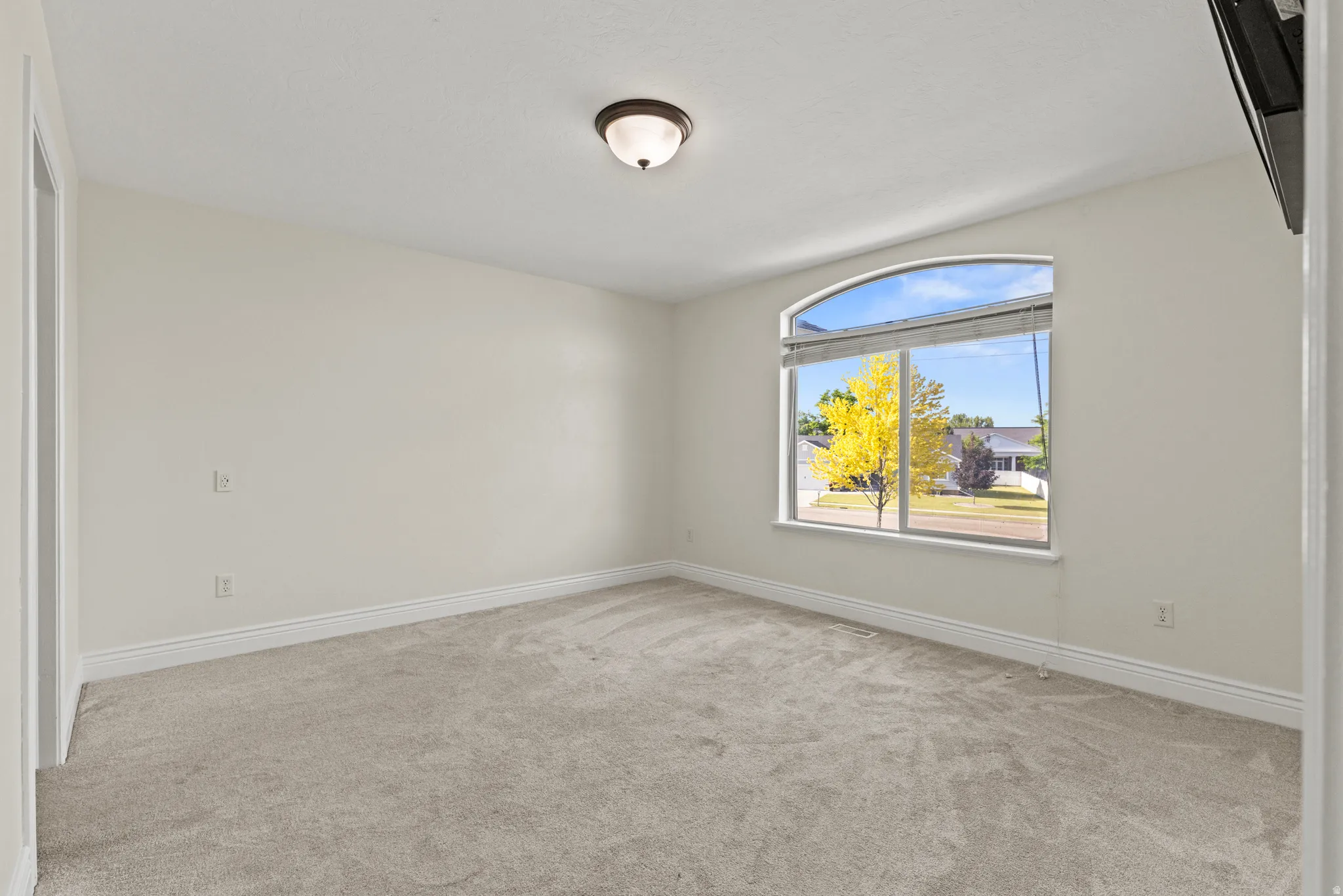 Arched window feature with ample natural light, neutral wall colors, light-toned carpet, white baseboards, and a semi-flush mount ceiling fixture