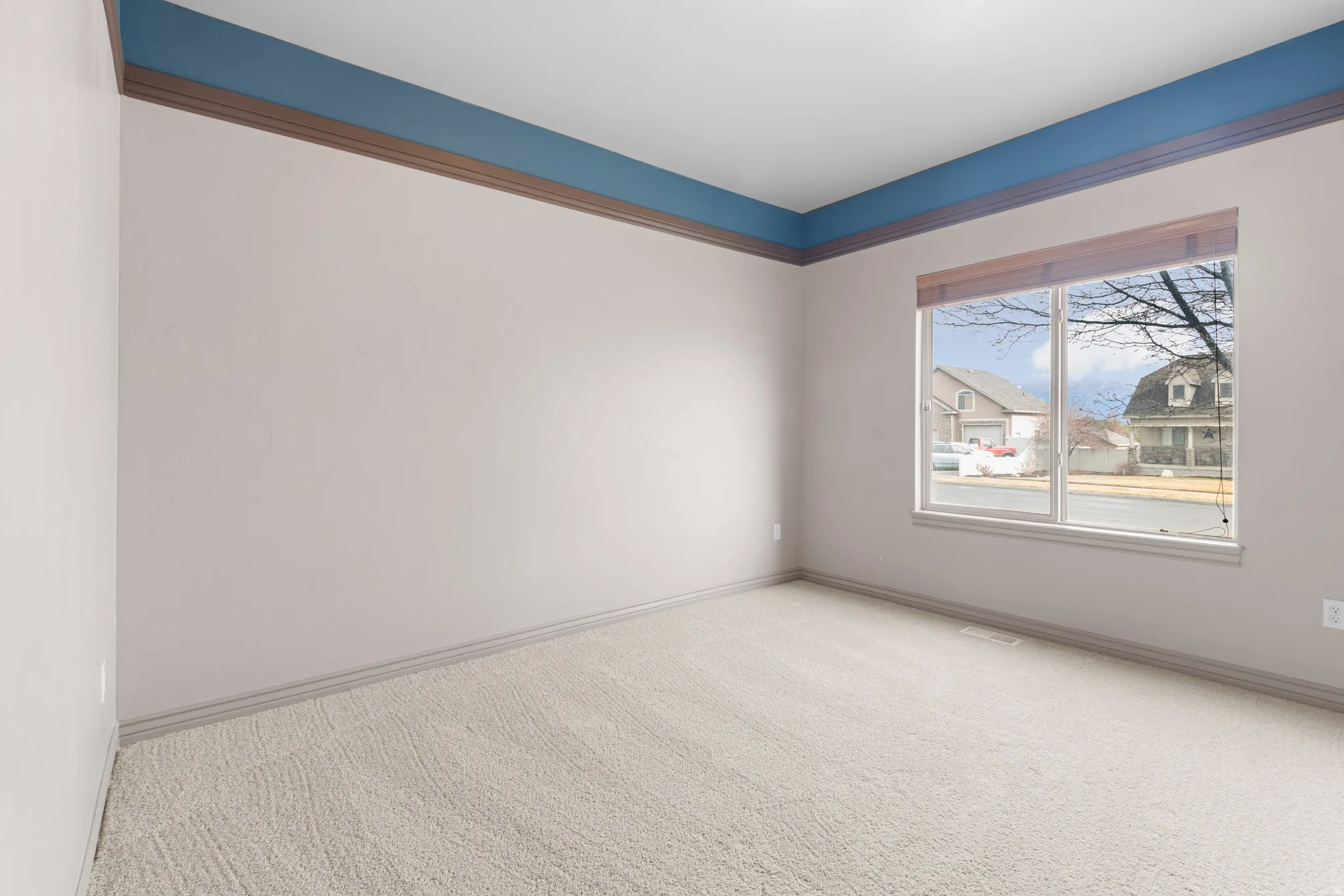 Carpeted room featuring a large window, blue ceiling accent, and crown molding