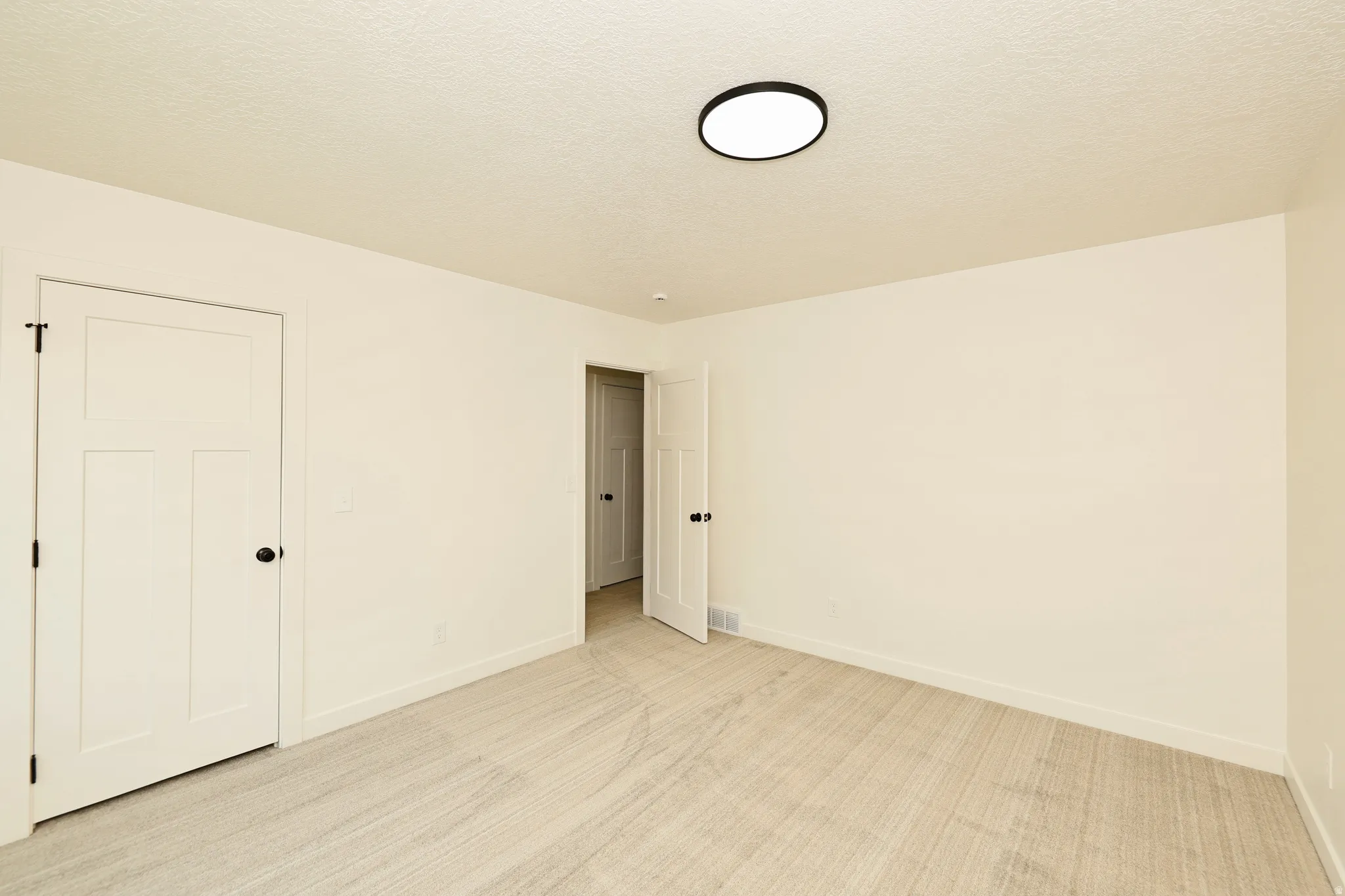 Neutral wall color, light-toned wood-finish flooring, white trim, flat panel doors with black hardware, and an overhead flush mount light fixture