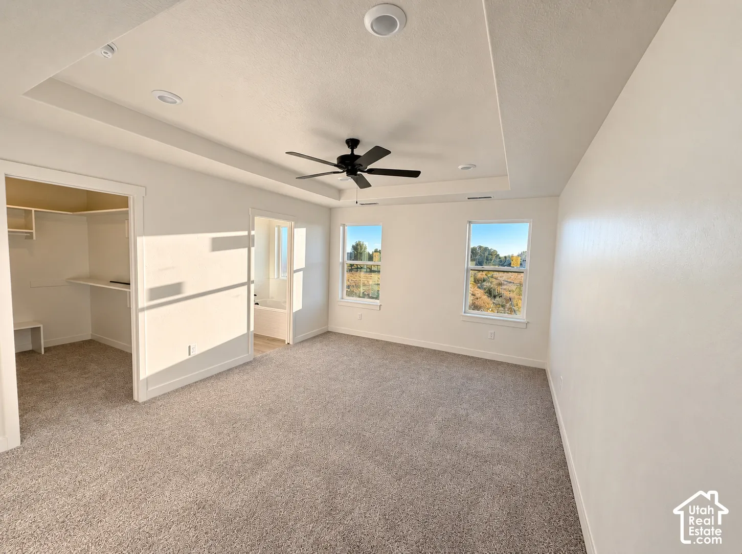 Tray ceiling with recessed lighting and a ceiling fan