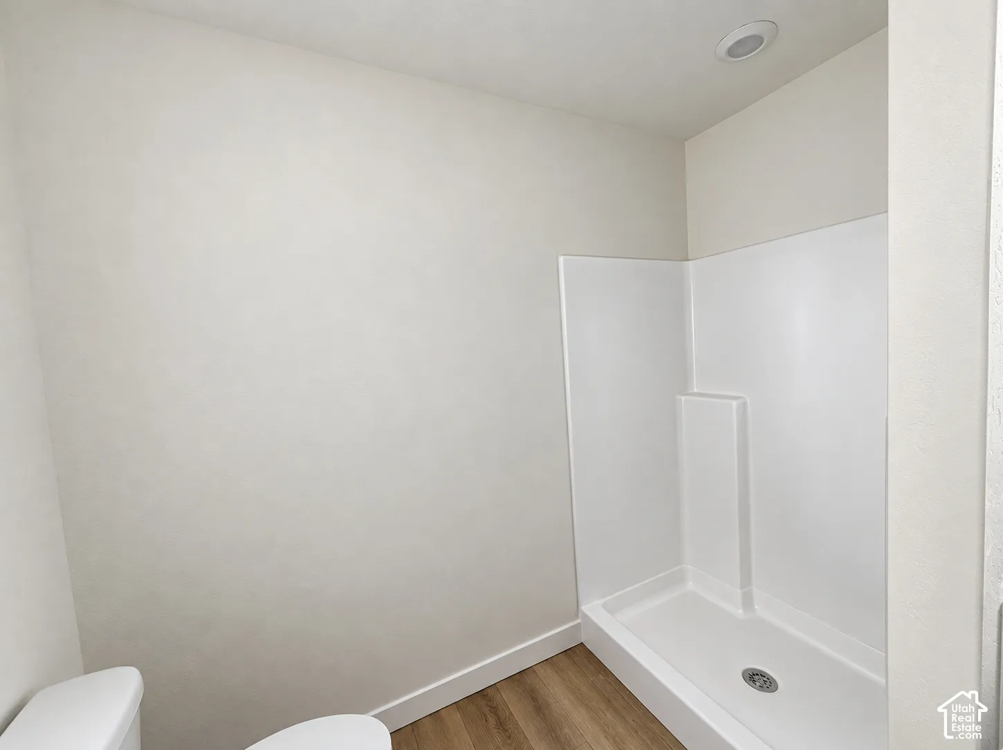 White shower surround with integrated shelving, wood-finish flooring, and recessed ceiling lighting