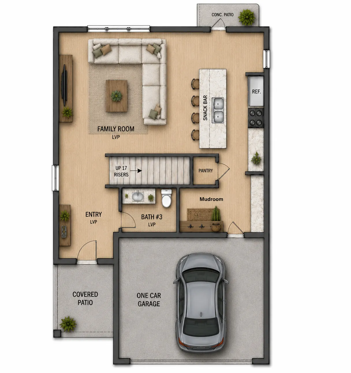 Rendered floor plan- layout may not be exact.
