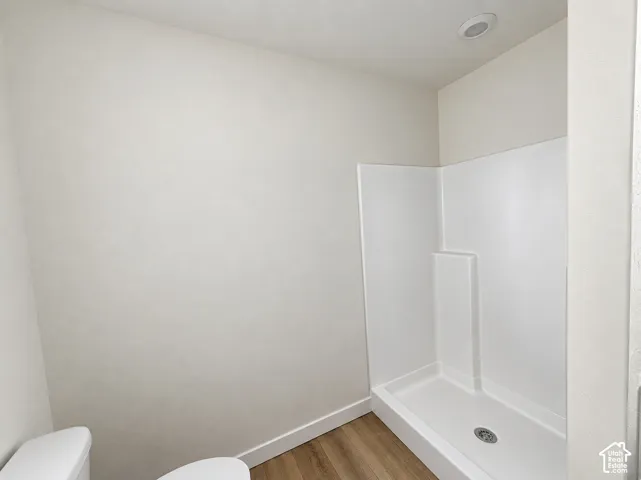 White shower surround with integrated shelving, wood-finish flooring, and recessed ceiling lighting