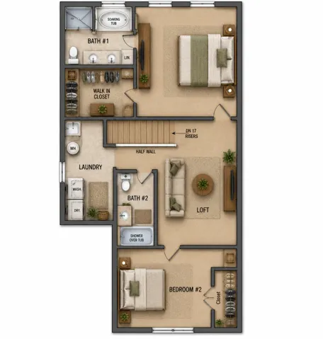 Rendered floor plan- layout may not be exact.