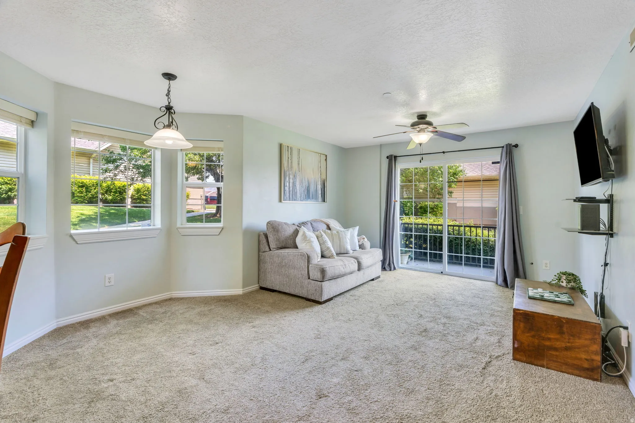 Living area with carpet flooring and light-toned walls