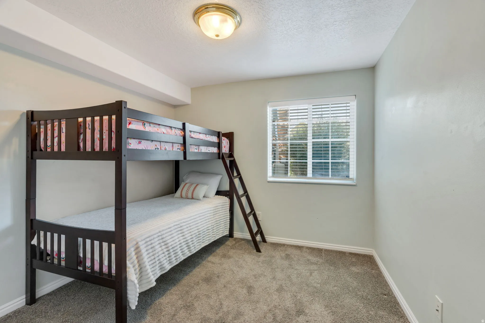 Neutral wall color, window with blinds, overhead flush mount lighting fixture, and gray carpeting