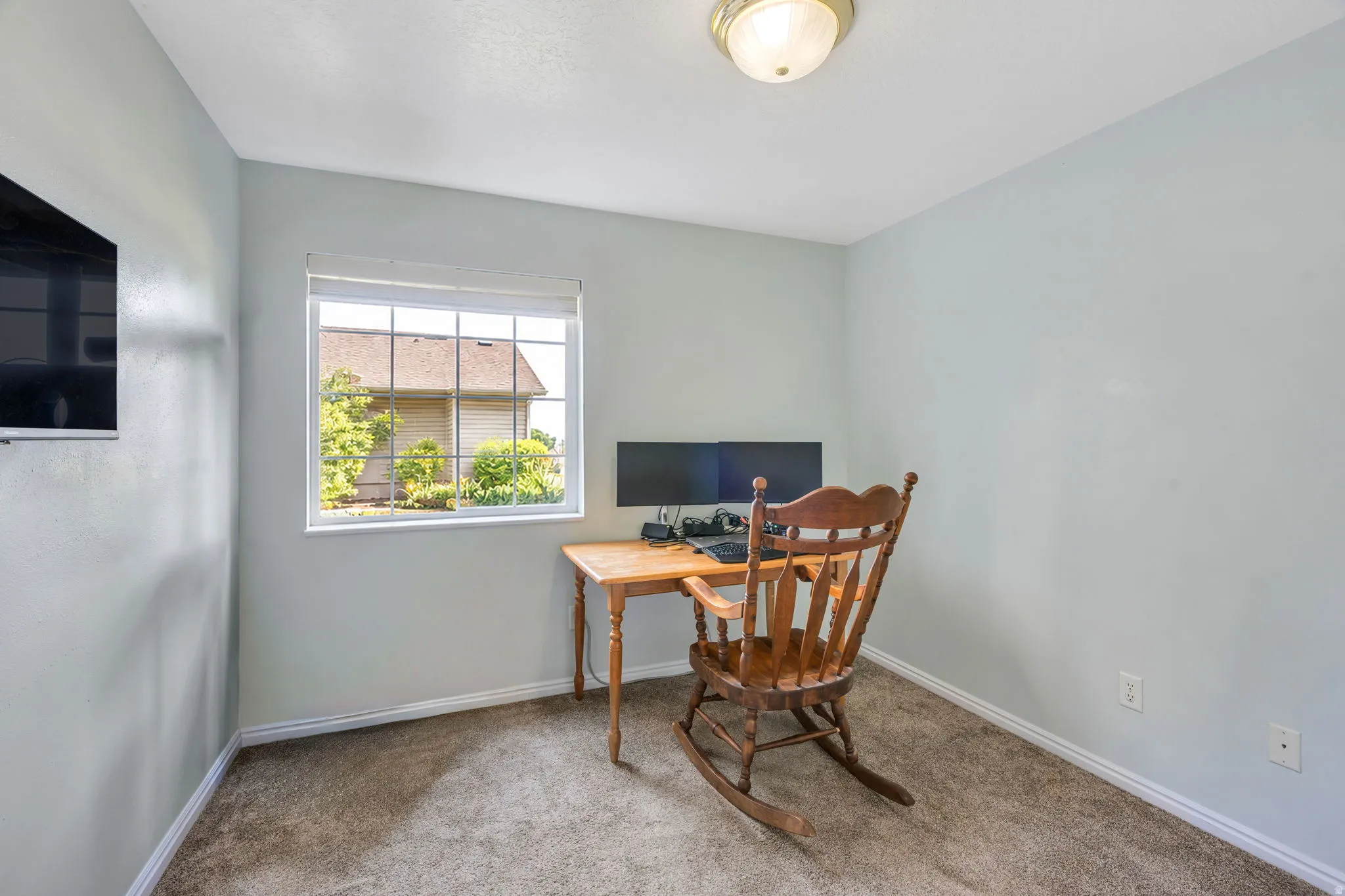 Carpeted room featuring a large window with white blinds, light blue walls, white baseboards, and an overhead light fixture
