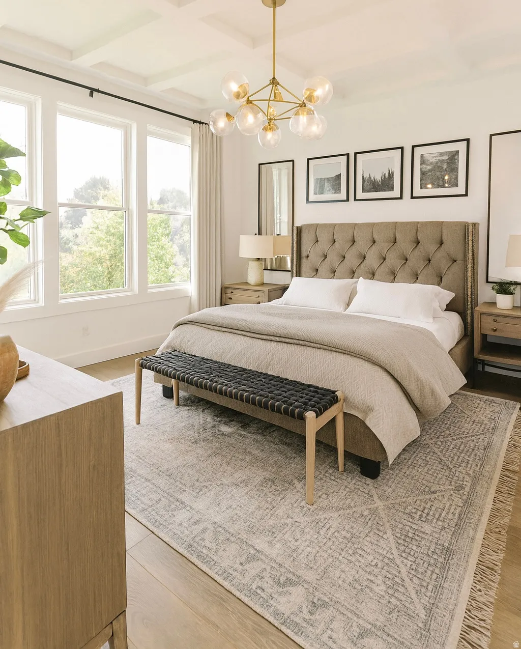 Recessed ceiling with an overhead brass chandelier