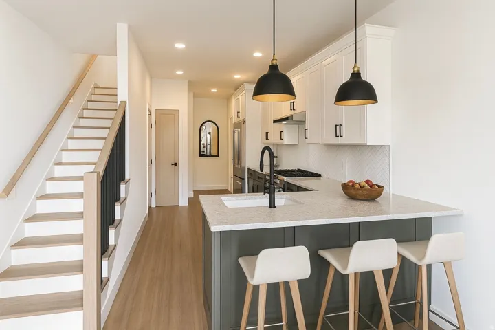 Kitchen featuring a breakfast bar with stone countertop, white shaker-style cabinetry, and herringbone tile backsplash