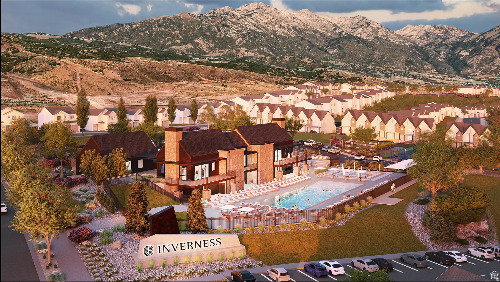 Community amenities featuring a central recreation building with an outdoor pool, sun deck, and surrounding residential structures