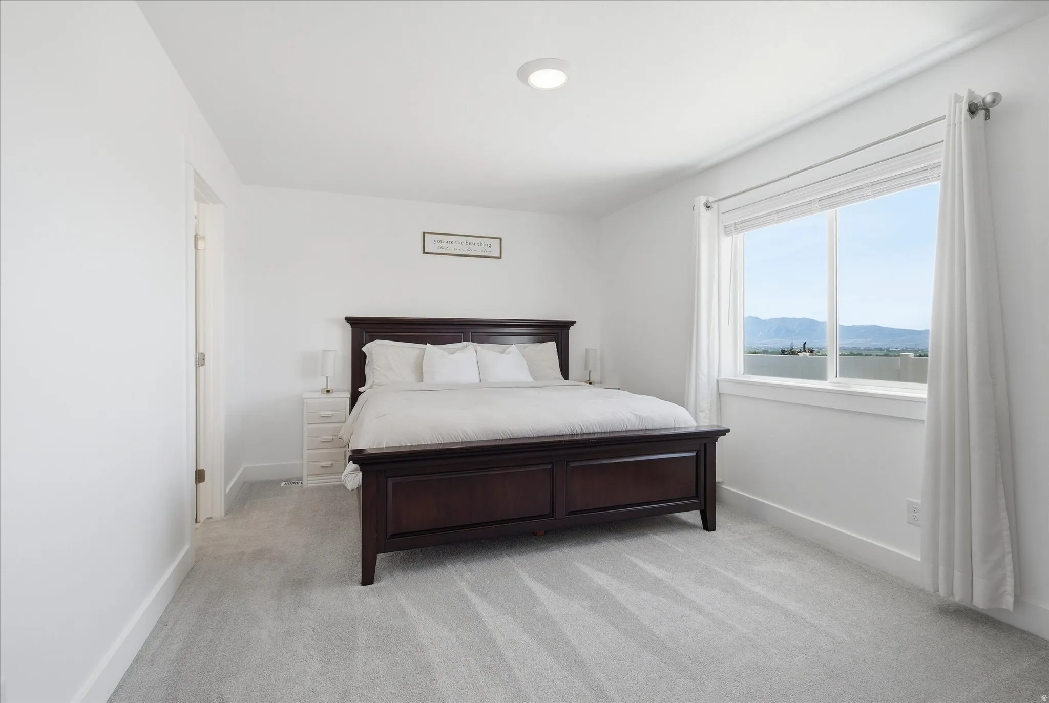 Recessed ceiling lighting, light gray carpeting, and a large window with white trim