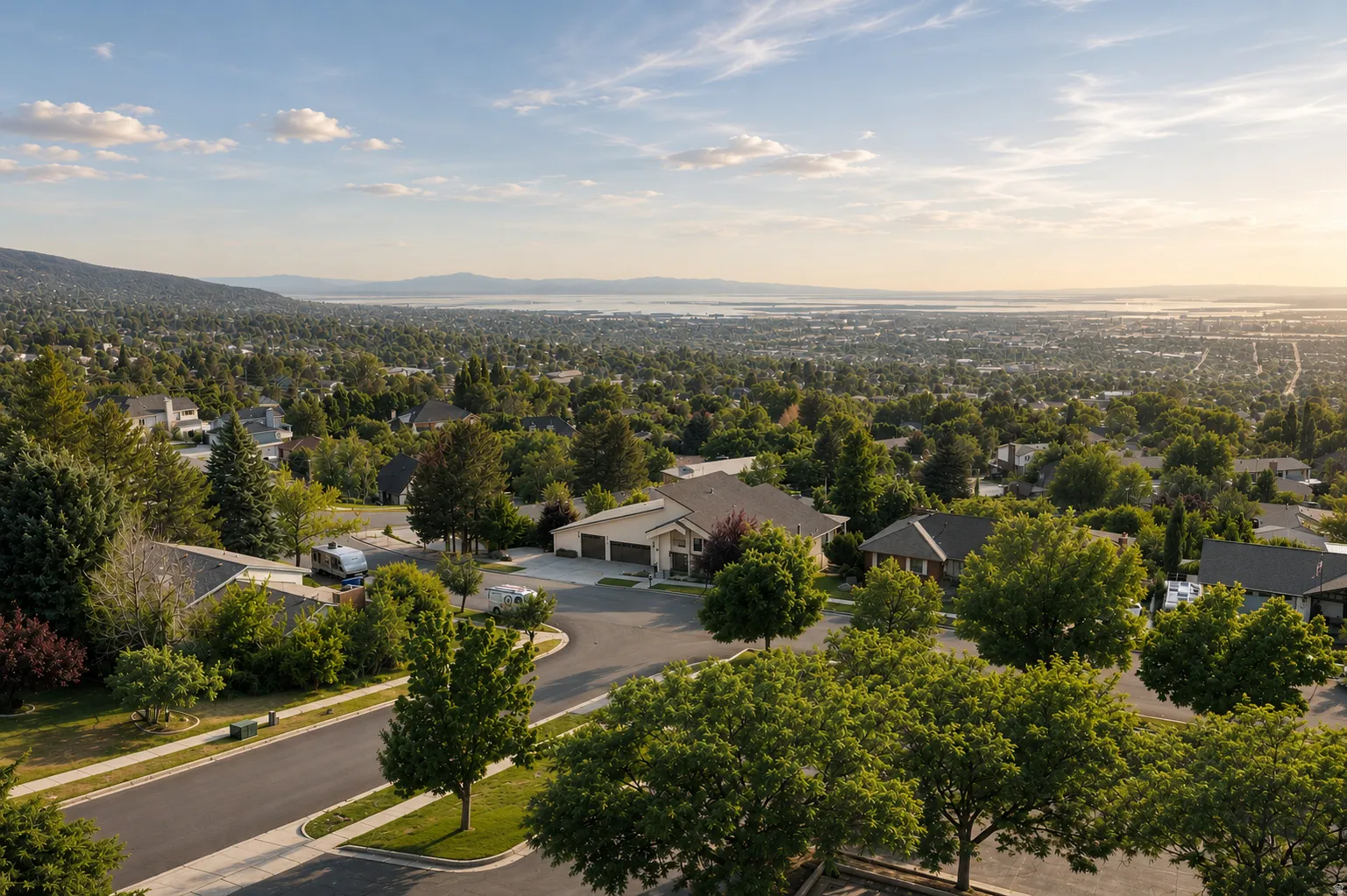 Expansive neighborhood showcasing mature trees and distant mountain ranges