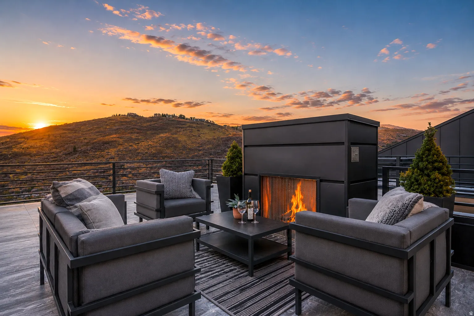 Rooftop terrace featuring a built-in fireplace, tile flooring, and metal railings