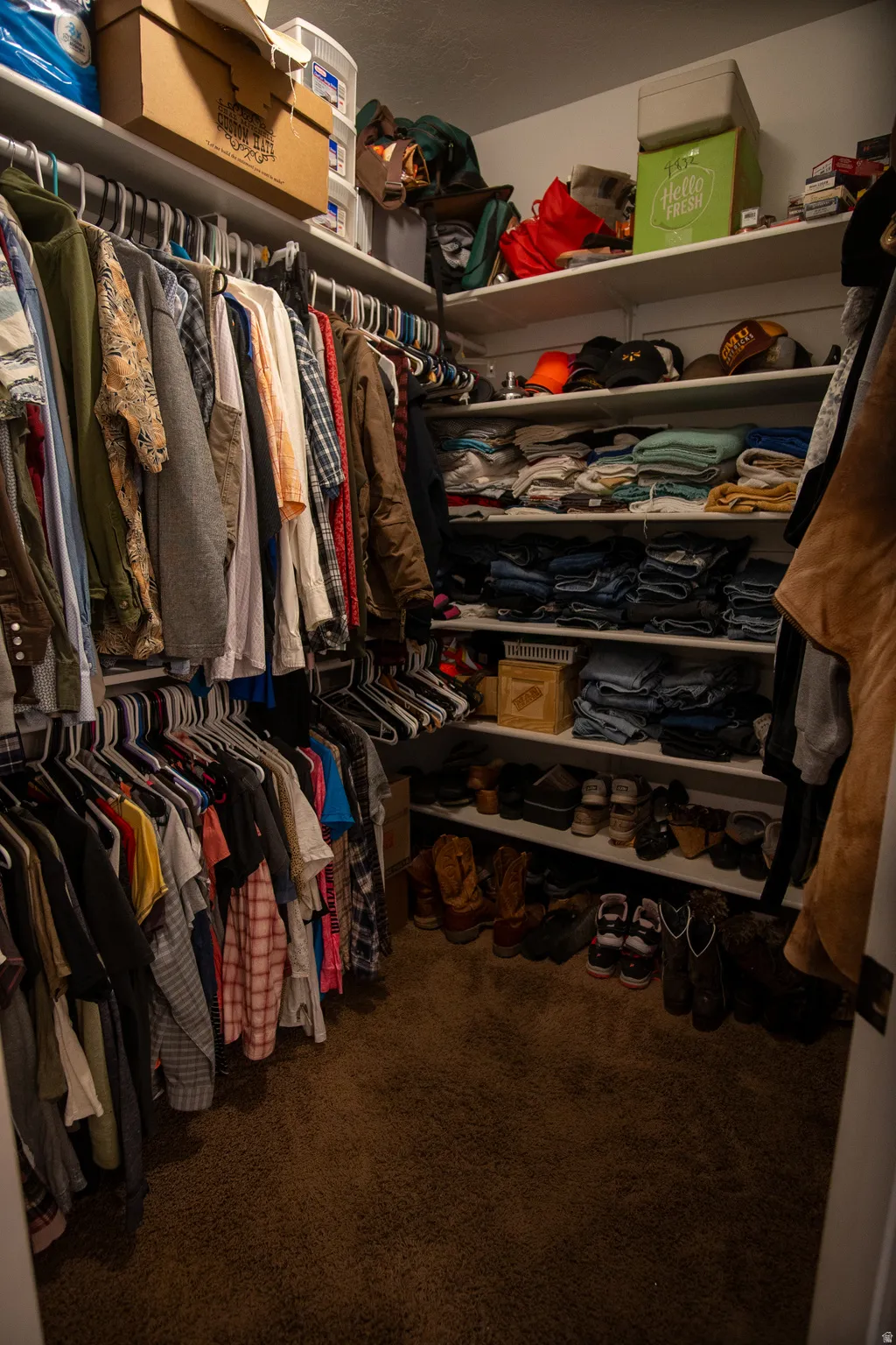 Walk-in closet featuring extensive built-in shelving, multiple hanging rods, and dark brown carpeting