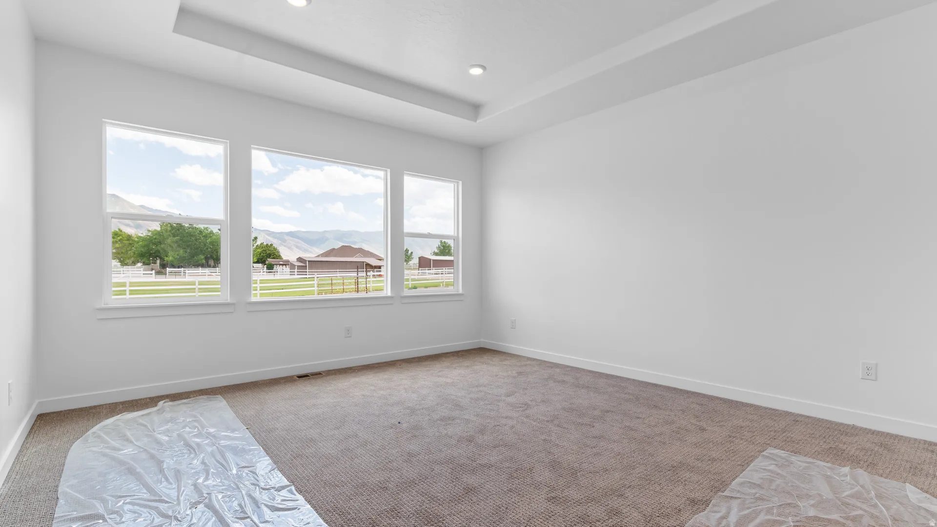 Spacious room featuring three large windows, a tray ceiling with recessed lighting, and carpet flooring