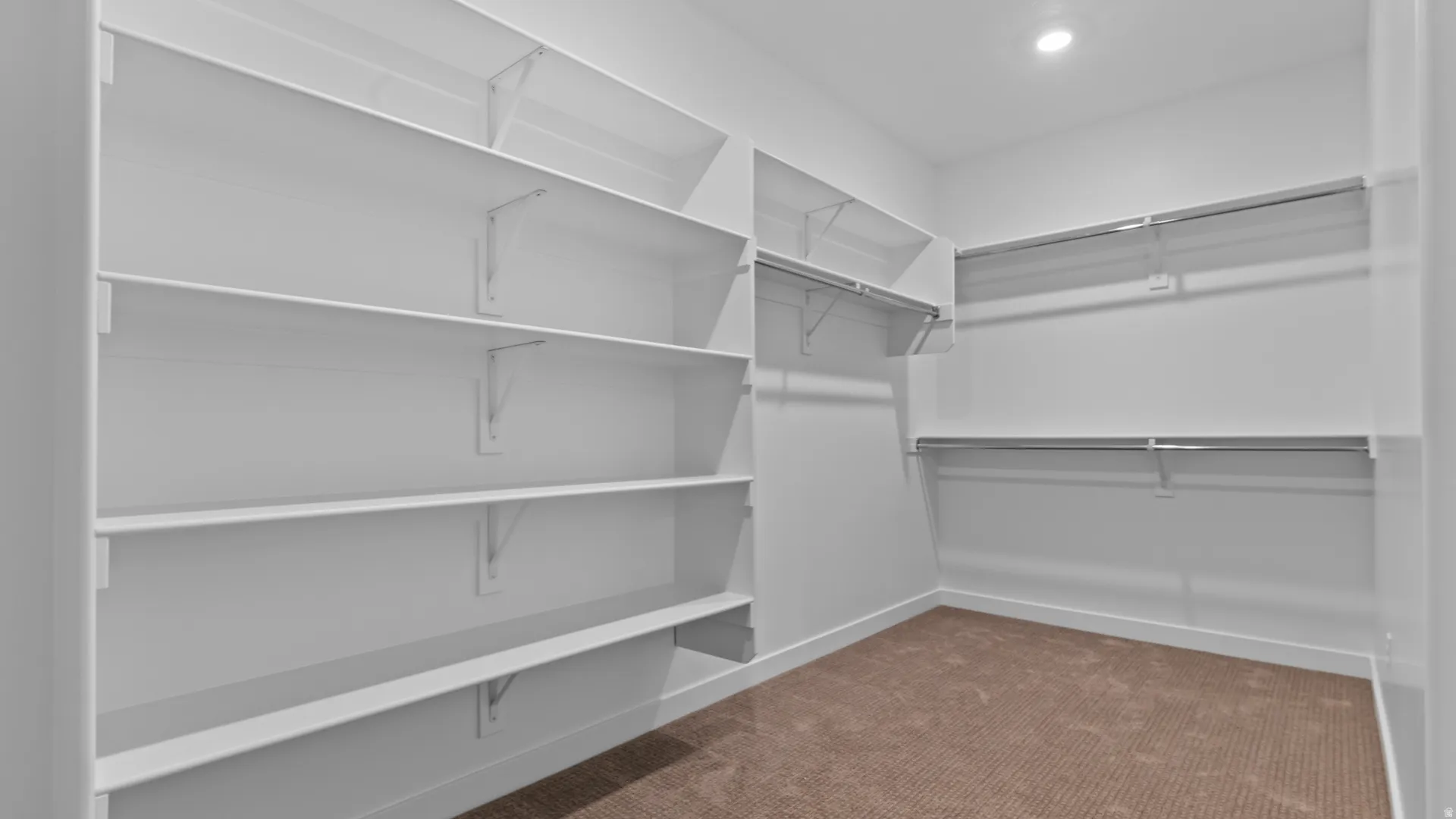Spacious walk-in closet featuring extensive white shelving, multiple chrome hanging rods, recessed ceiling lighting, and brown carpet flooring