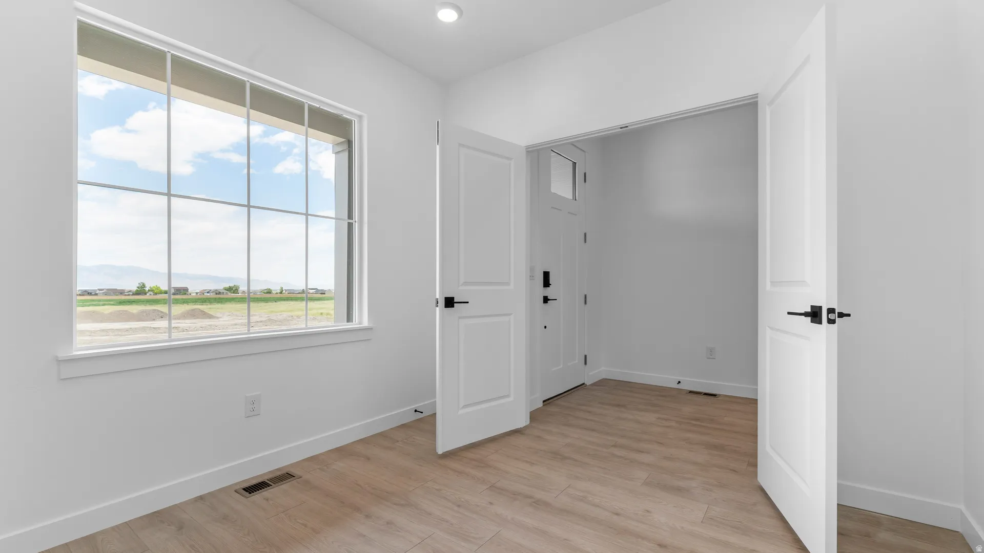 Room featuring light wood-finish flooring, white walls, and a large multi-pane window