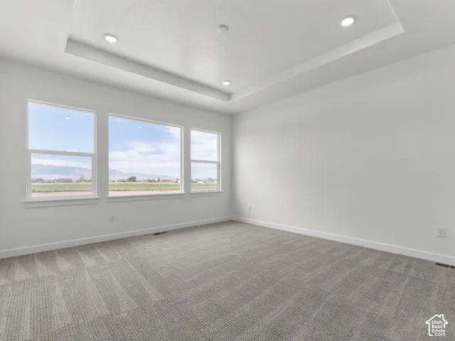 Tray ceiling featuring recessed lighting, large windows, and carpeted flooring