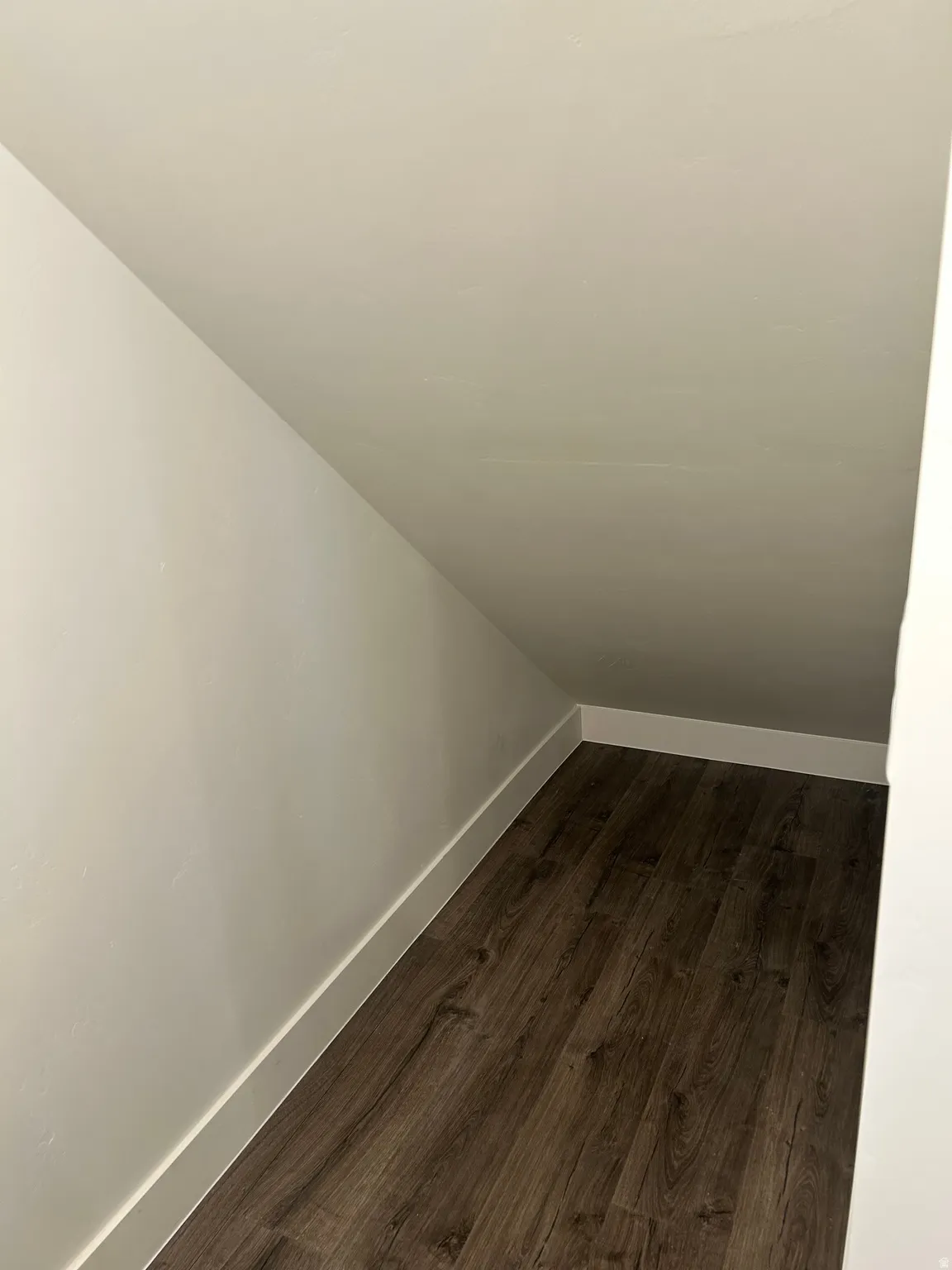 Under-stair storage area with wood-finish flooring and white baseboards
