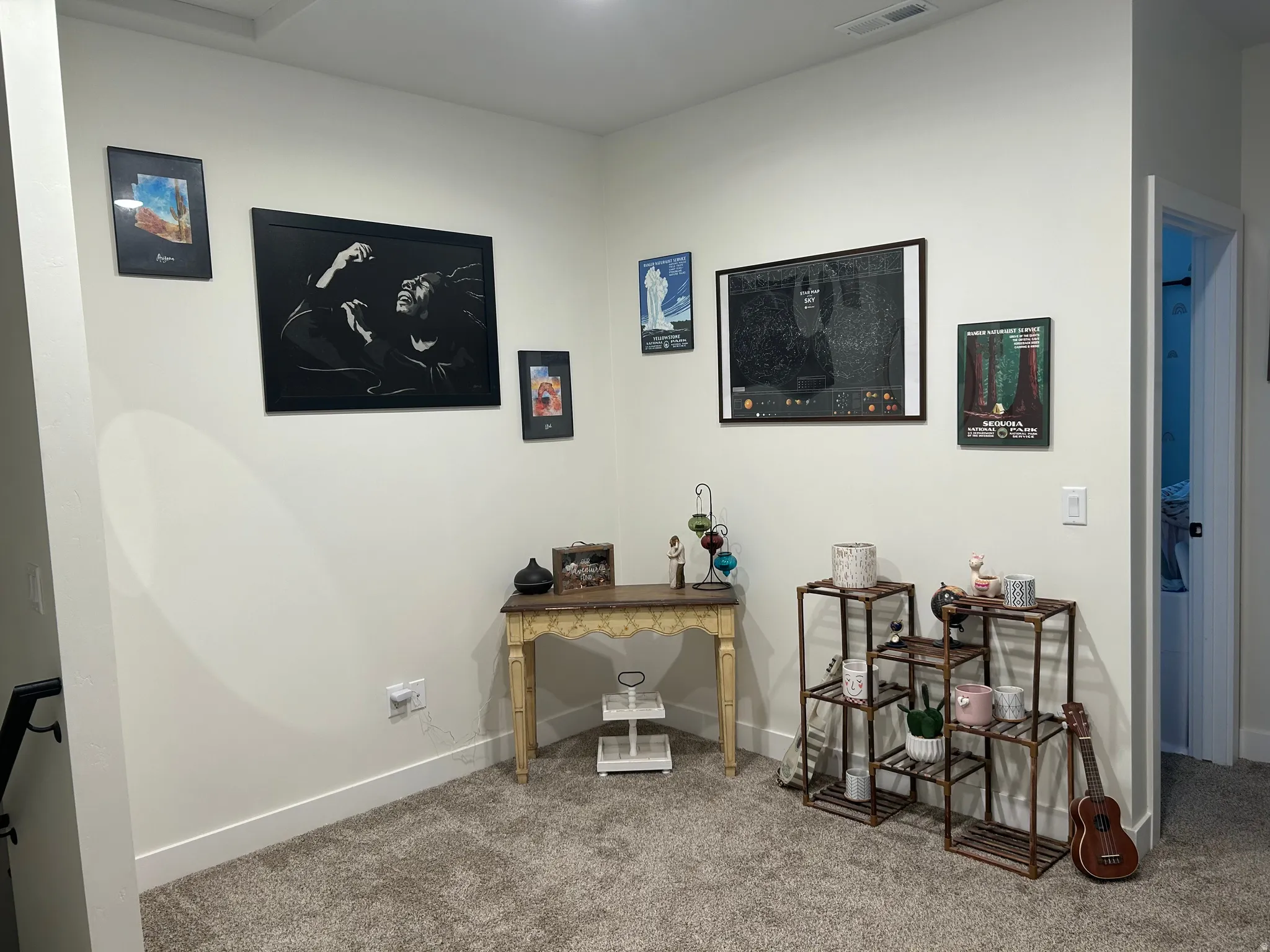Carpeted interior space featuring light neutral wall paint, white baseboards, and a white ceiling