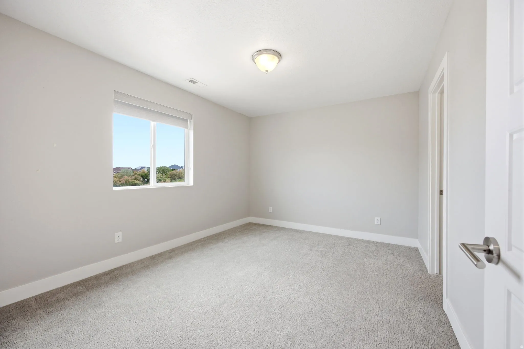 Bright room featuring a window with white blinds, neutral carpeting, light-toned walls, and a flush-mount ceiling light
