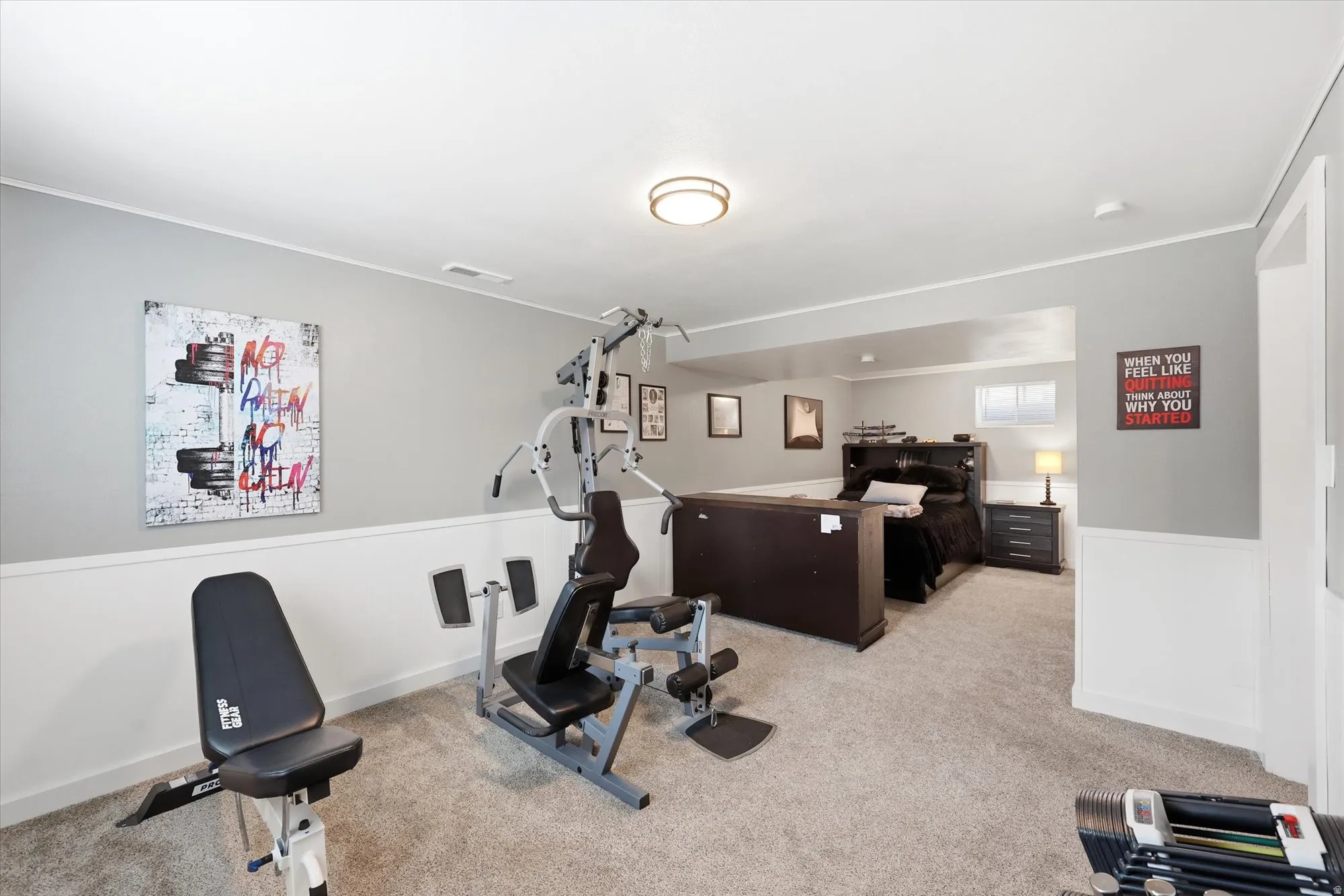 Carpeted room featuring light gray walls with white wainscoting, an overhead flush-mount light fixture, and a built-in recessed window