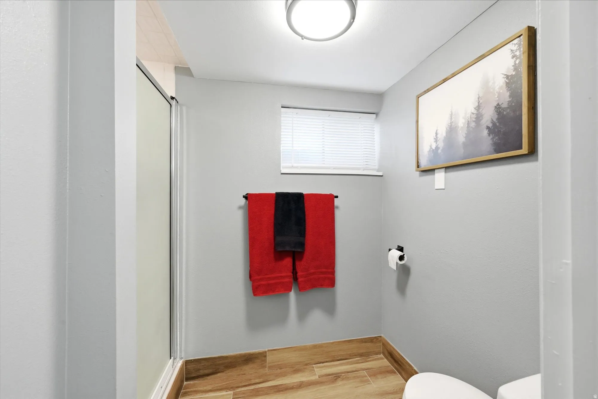 Bathroom featuring a shower enclosure, wood-finish tile flooring, and a toilet