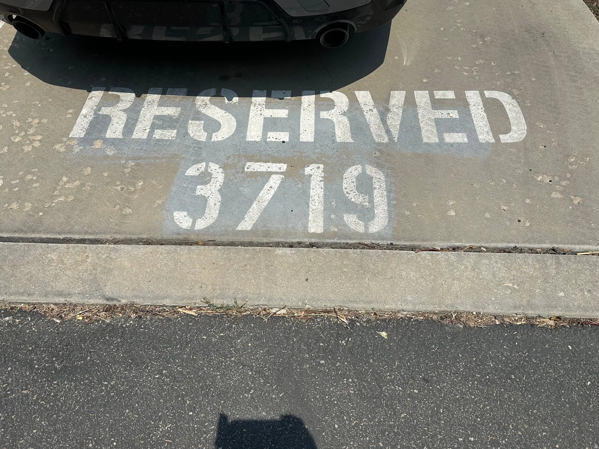 Reserved parking space with stenciled numbering on concrete, featuring a defined curb separating it from an asphalt surface