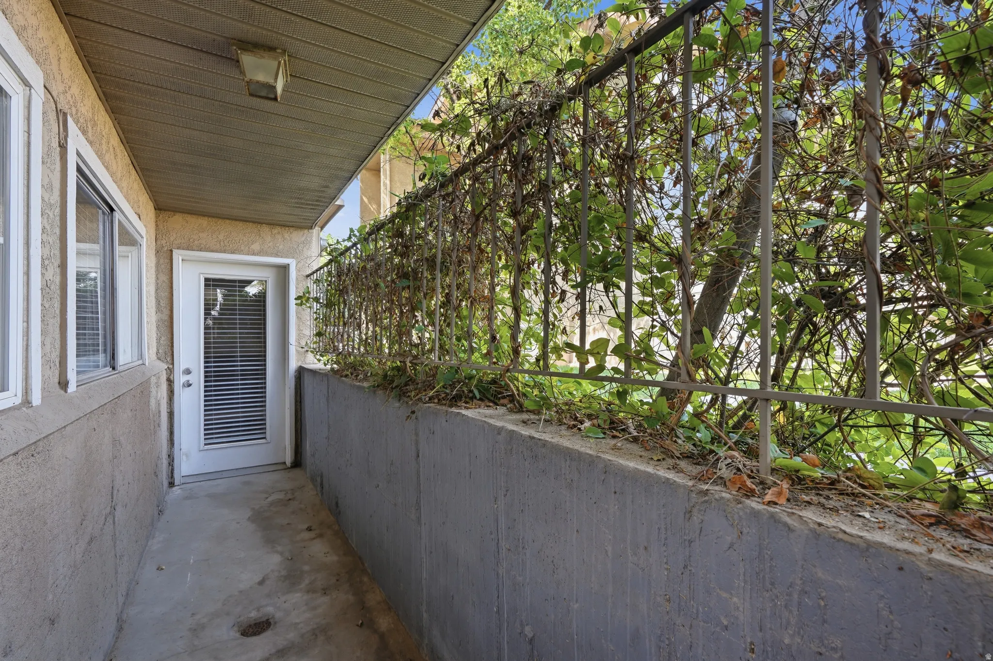Private outdoor corridor featuring a security gate with established greenery, a secure entry door with integrated blinds, and an overhead light fixture