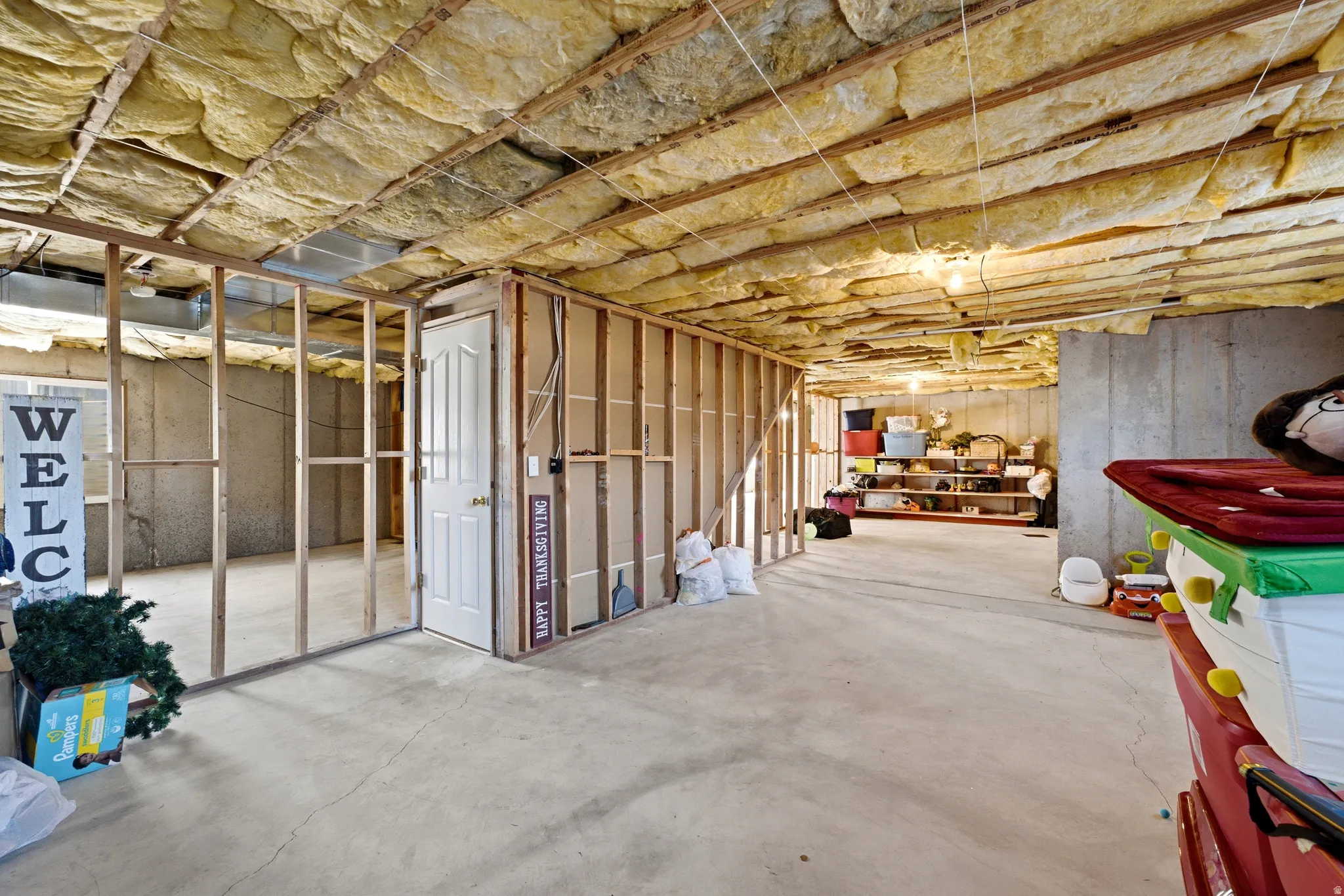 Unfinished basement featuring exposed insulation, concrete floor, framed interior walls, and a white interior door