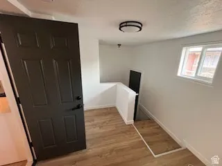 Entry space featuring a dark paneled door, wood-finish flooring, a white half-wall, a window with white trim, and a flush-mount ceiling light