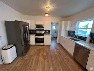 Kitchen featuring wood-finish flooring, white cabinetry, dark subway tile backsplash, and stainless steel appliances