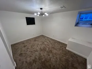 Spacious room featuring new carpet flooring, white painted walls, a modern ceiling light fixture, and two distinct windows providing natural illumination