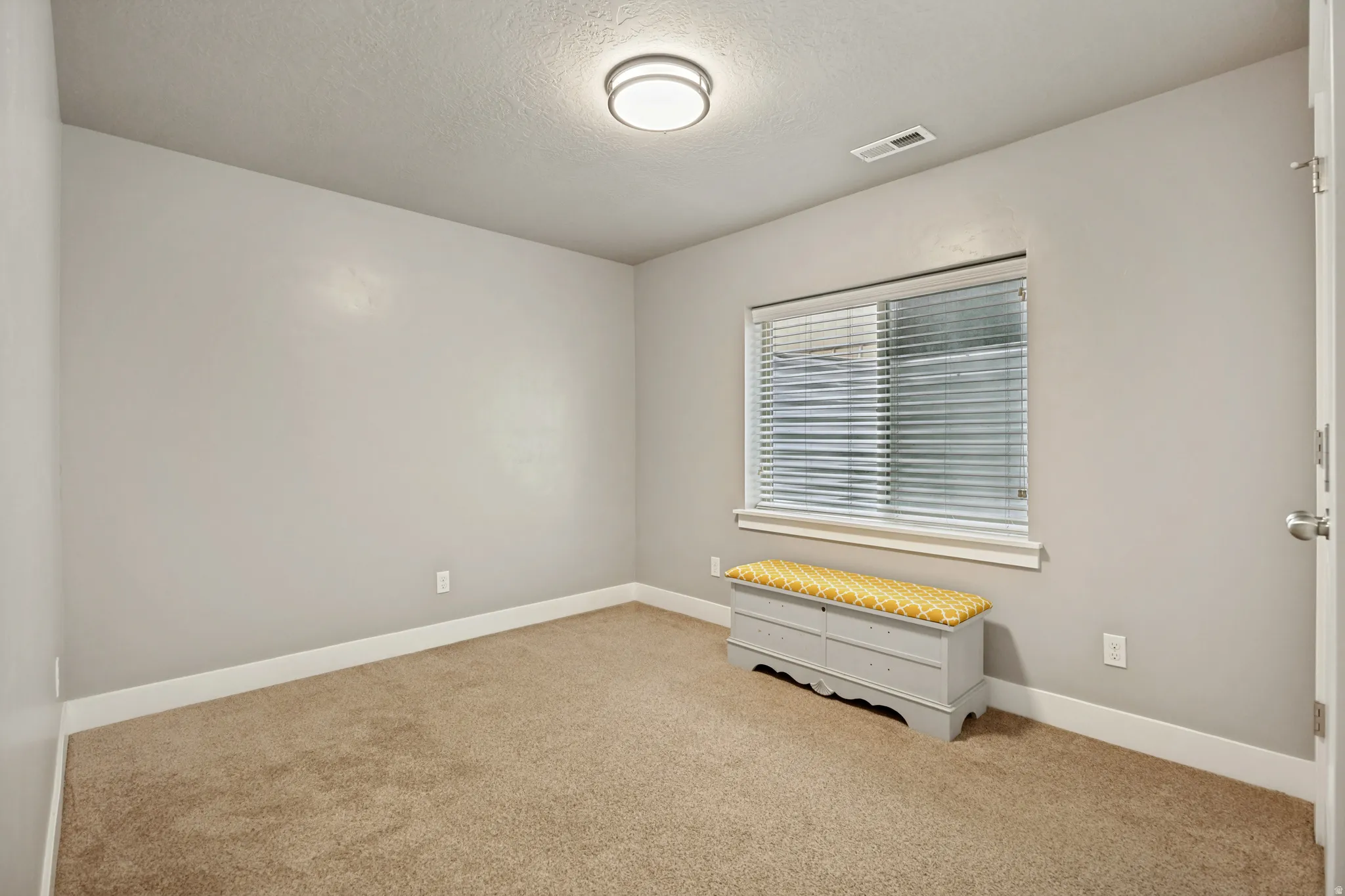 Carpeted room with light grey walls and white baseboards