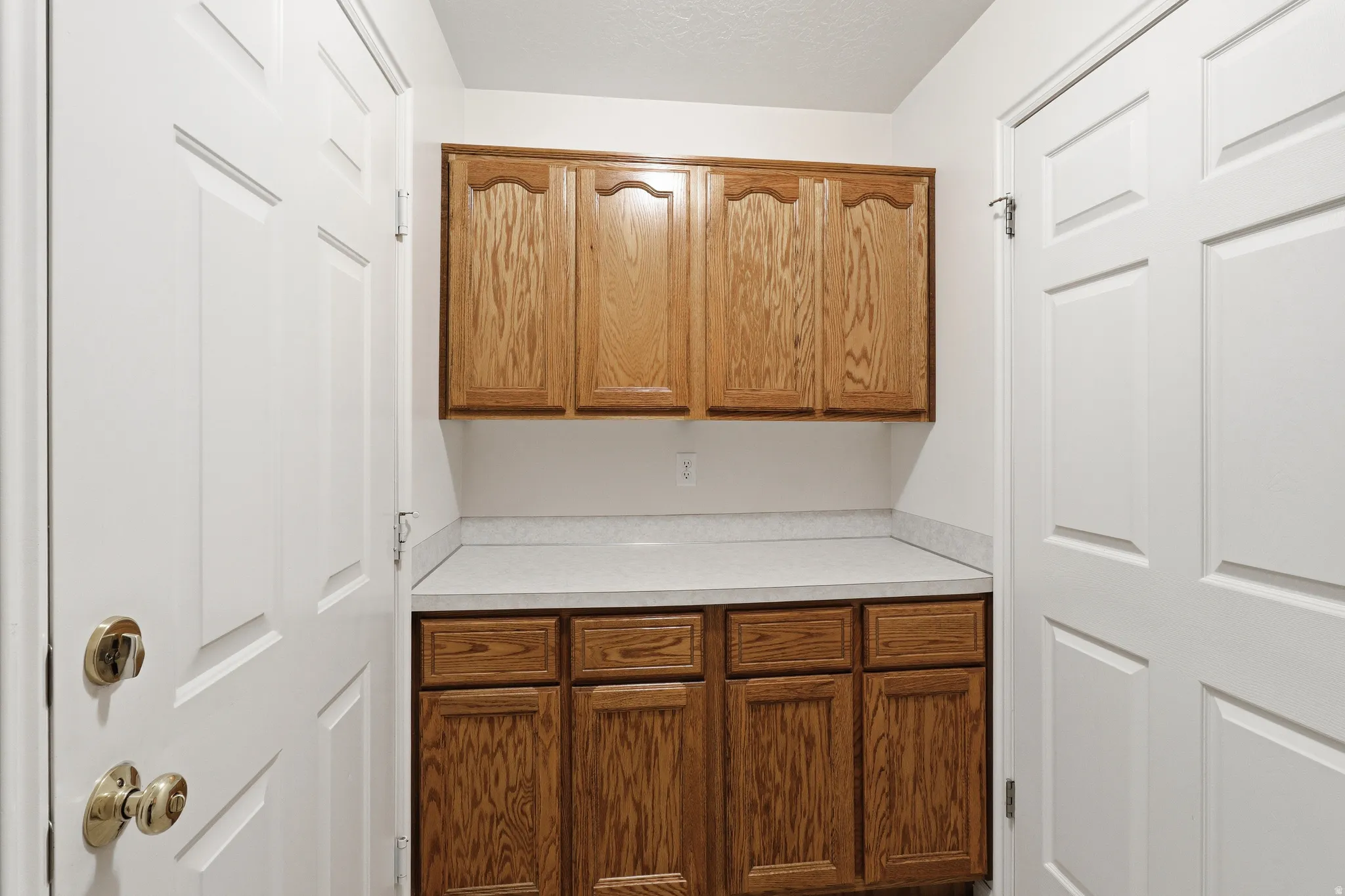Built-in cabinetry featuring light wood-finish doors and a light-toned countertop