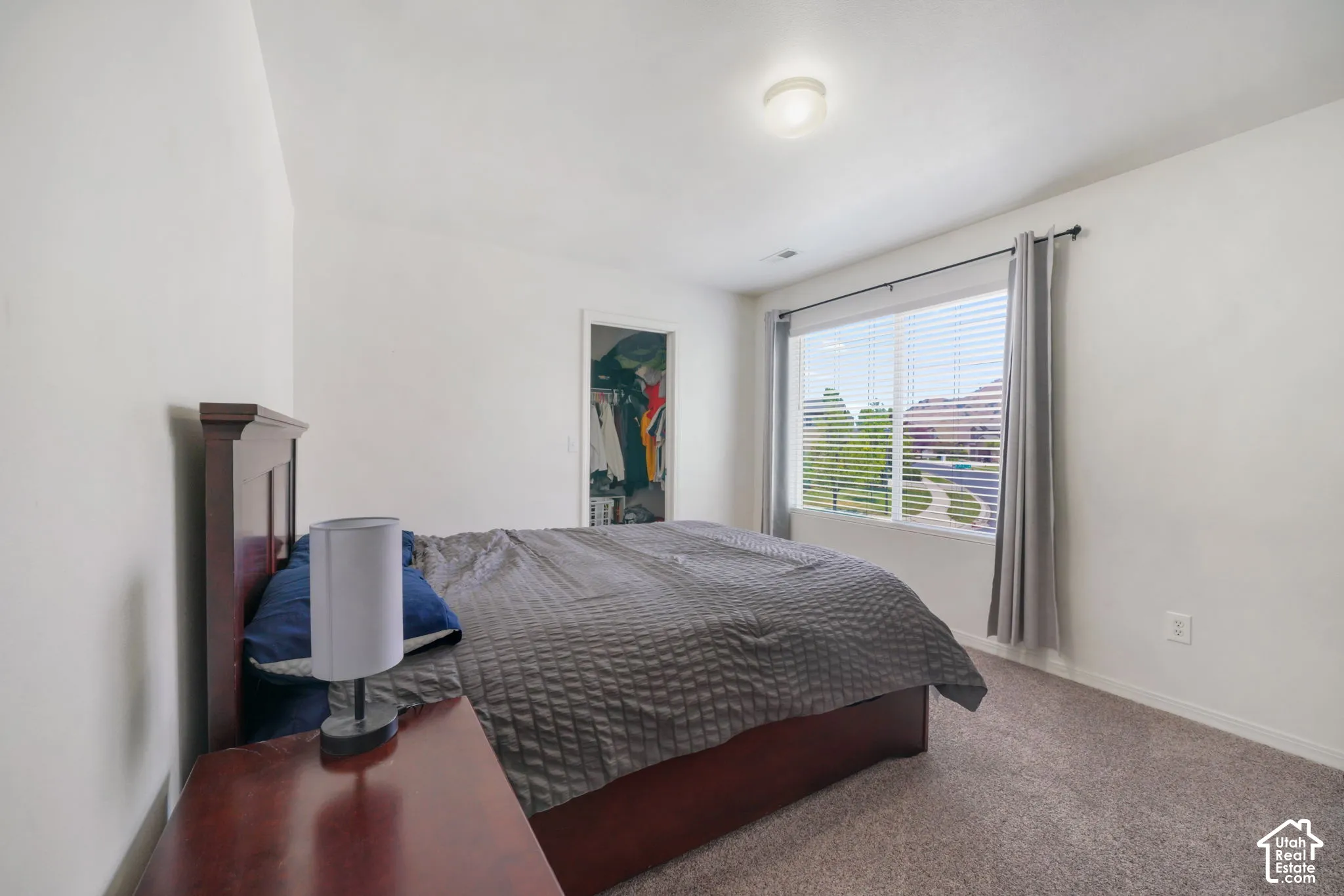 Carpeted bedroom featuring a large window with blinds, a closet with an open doorway, and a ceiling-mounted light fixture