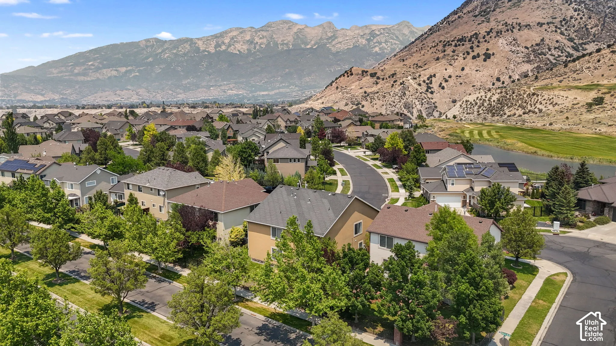 Expansive neighborhood featuring a variety of residential properties, mature street trees, and curved roadways
