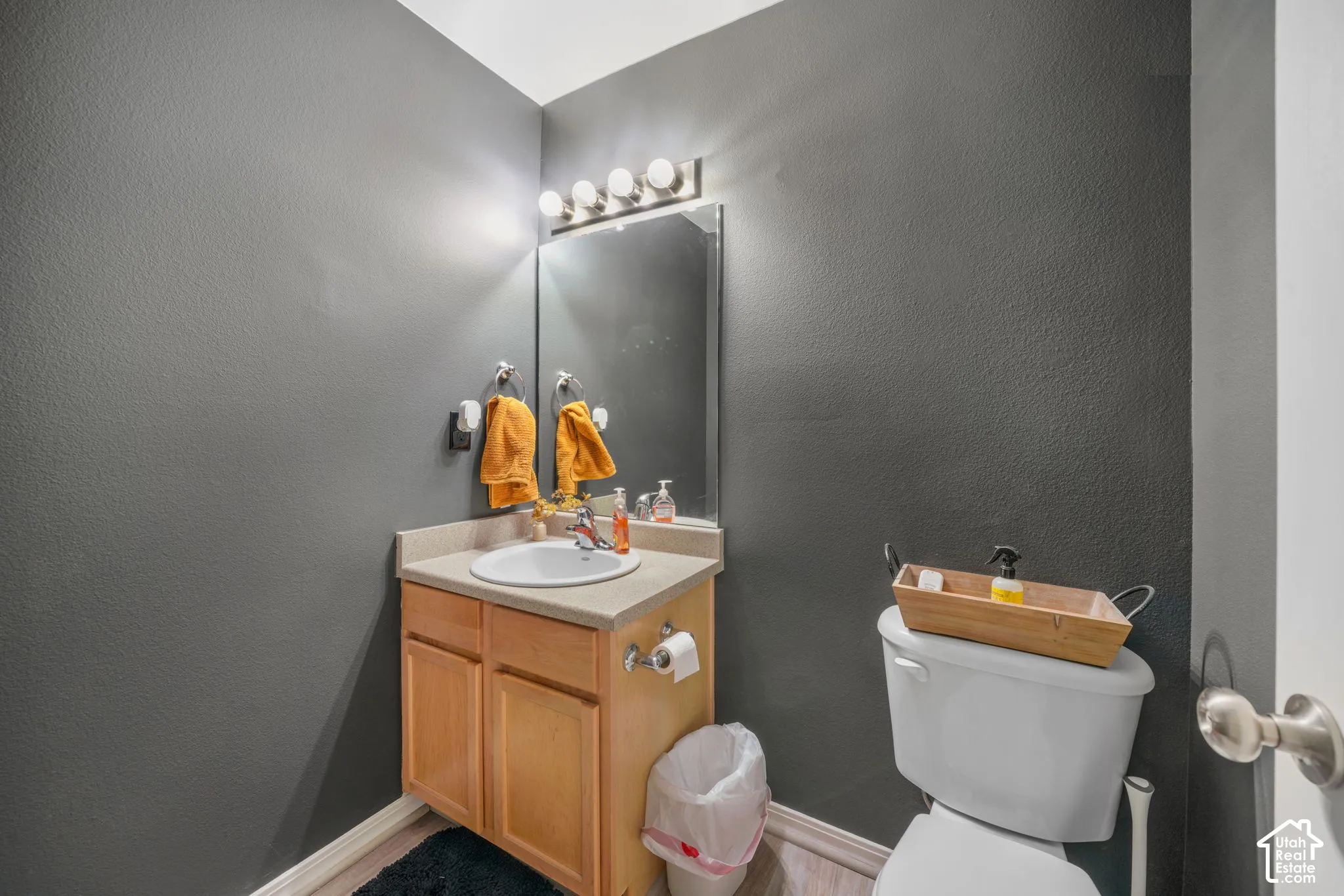 Bathroom featuring a light wood-finish vanity with an integrated sink, a neutral countertop, and a wall-mounted mirror with overhead bar lighting