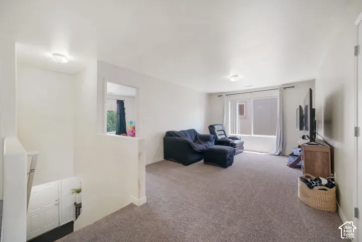Carpeted living area featuring a large window, a partial wall opening, and a flush-mount ceiling light