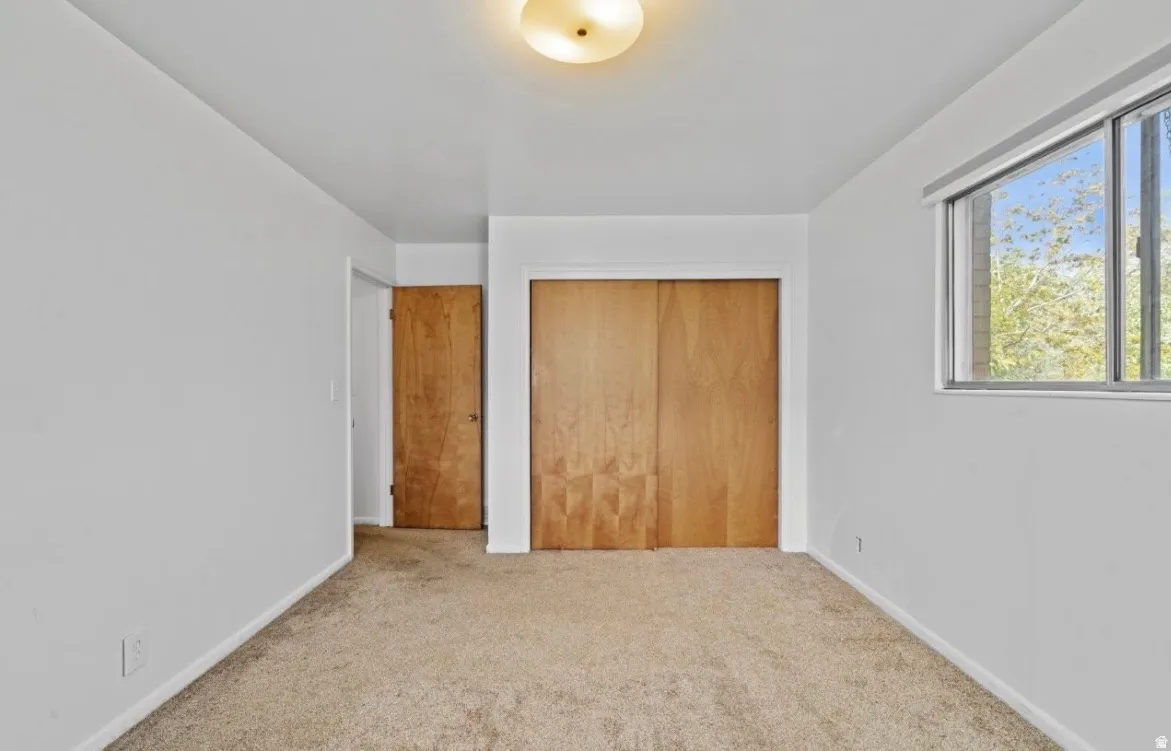 Neutral-toned carpeting and light-colored walls define this room, featuring a window with exterior tree foliage
