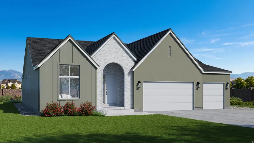 Modern home exterior featuring a light gray board-and-batten facade, white brick accents, and a two-car garage