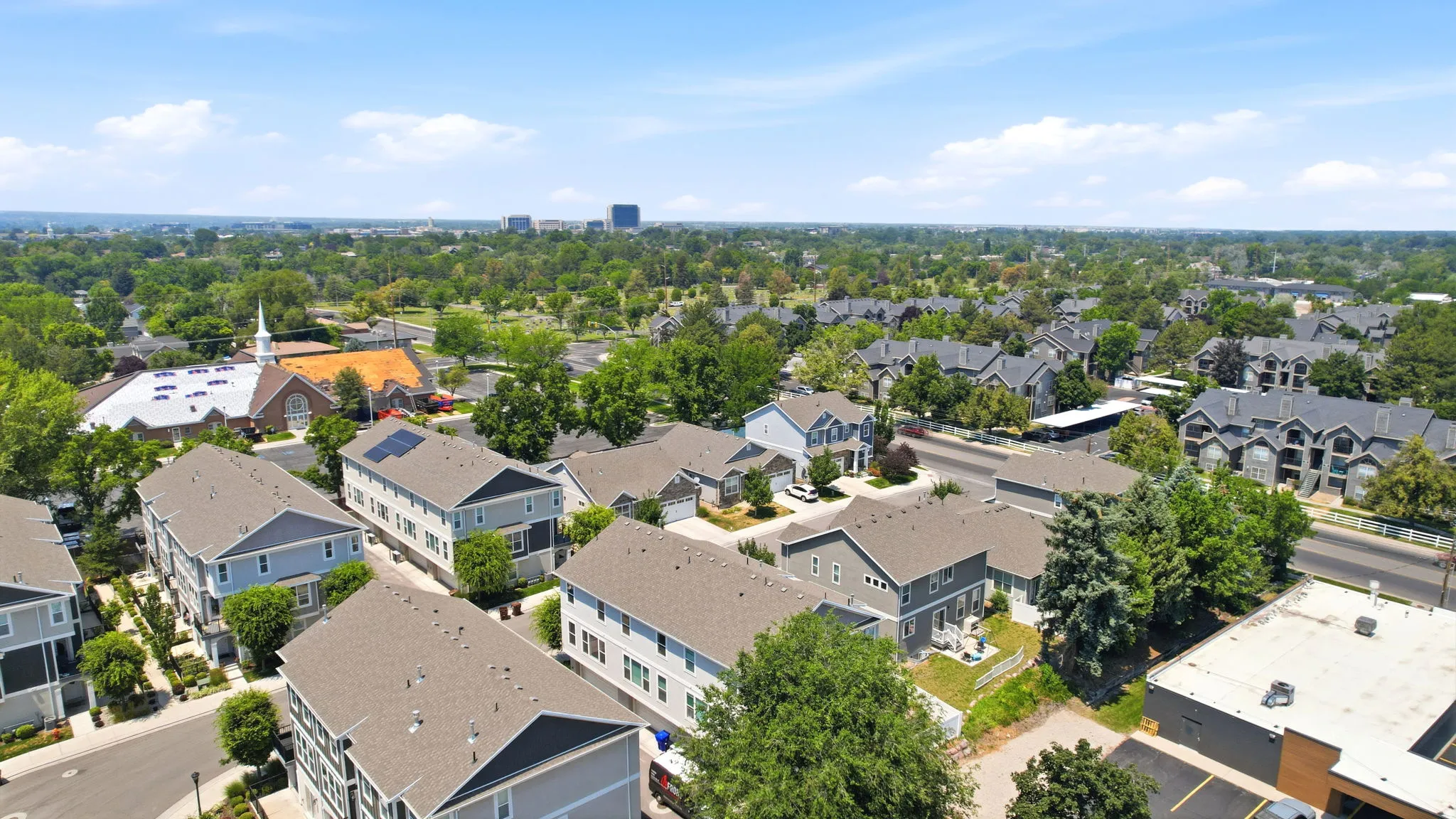 Aerial perspective showcasing a residential area with varied architectural styles