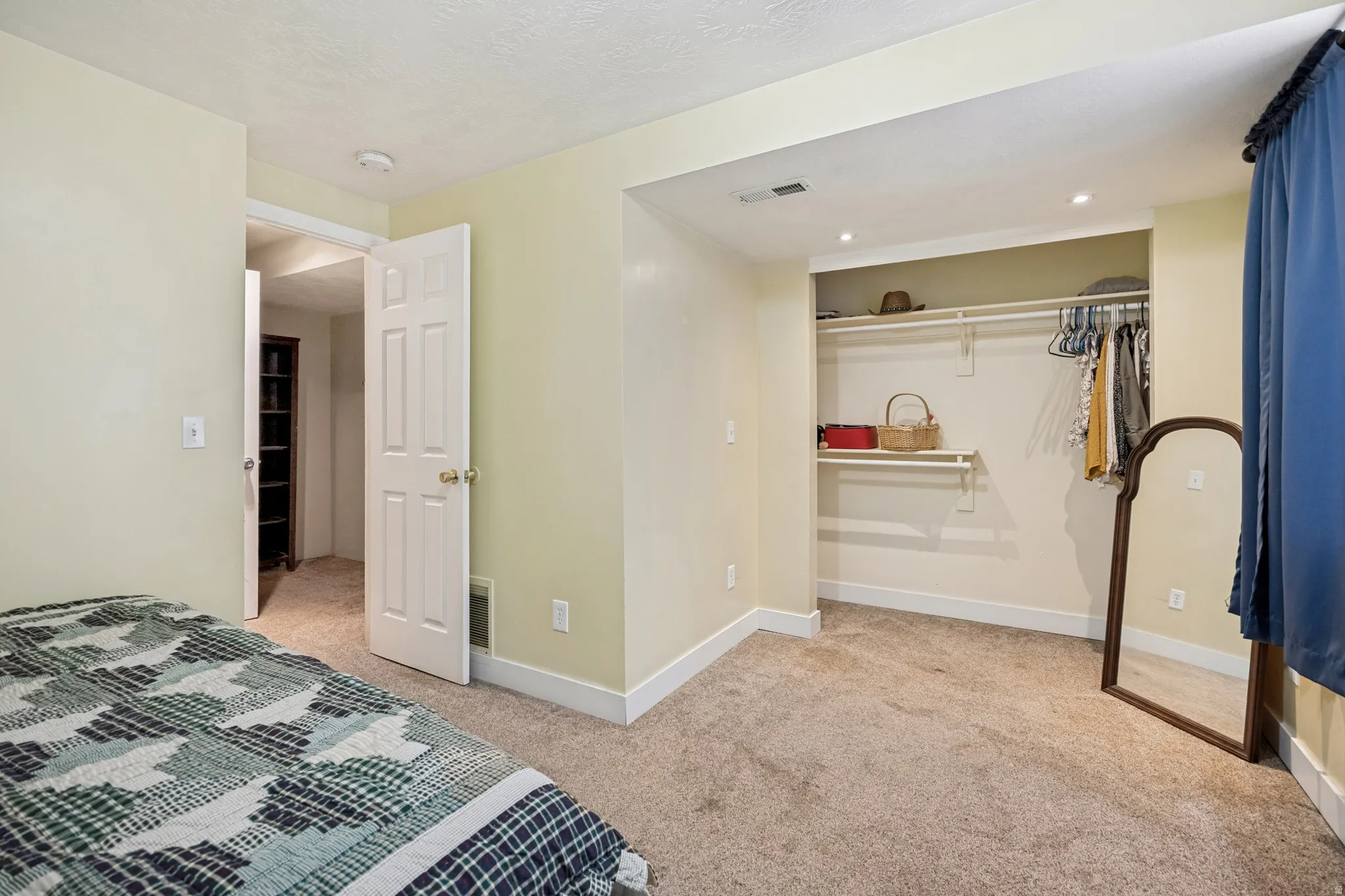 Carpeted room featuring an open closet with built-in shelving, white trim, and a six-panel interior door