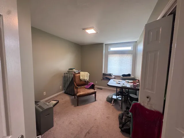 Carpeted room with neutral-toned walls, featuring a window with privacy blinds and an overhead rectangular light fixture
