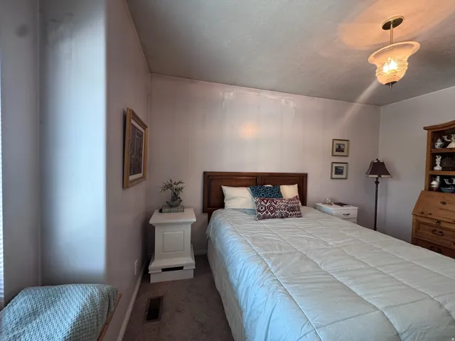 Bedroom featuring a semi-flush ceiling light fixture, wood headboard, and plush carpeting