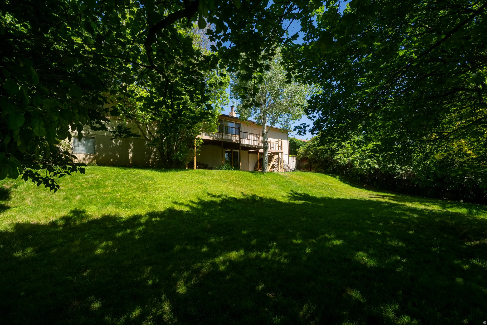 Expansive sloped lawn with mature perimeter trees providing natural shade