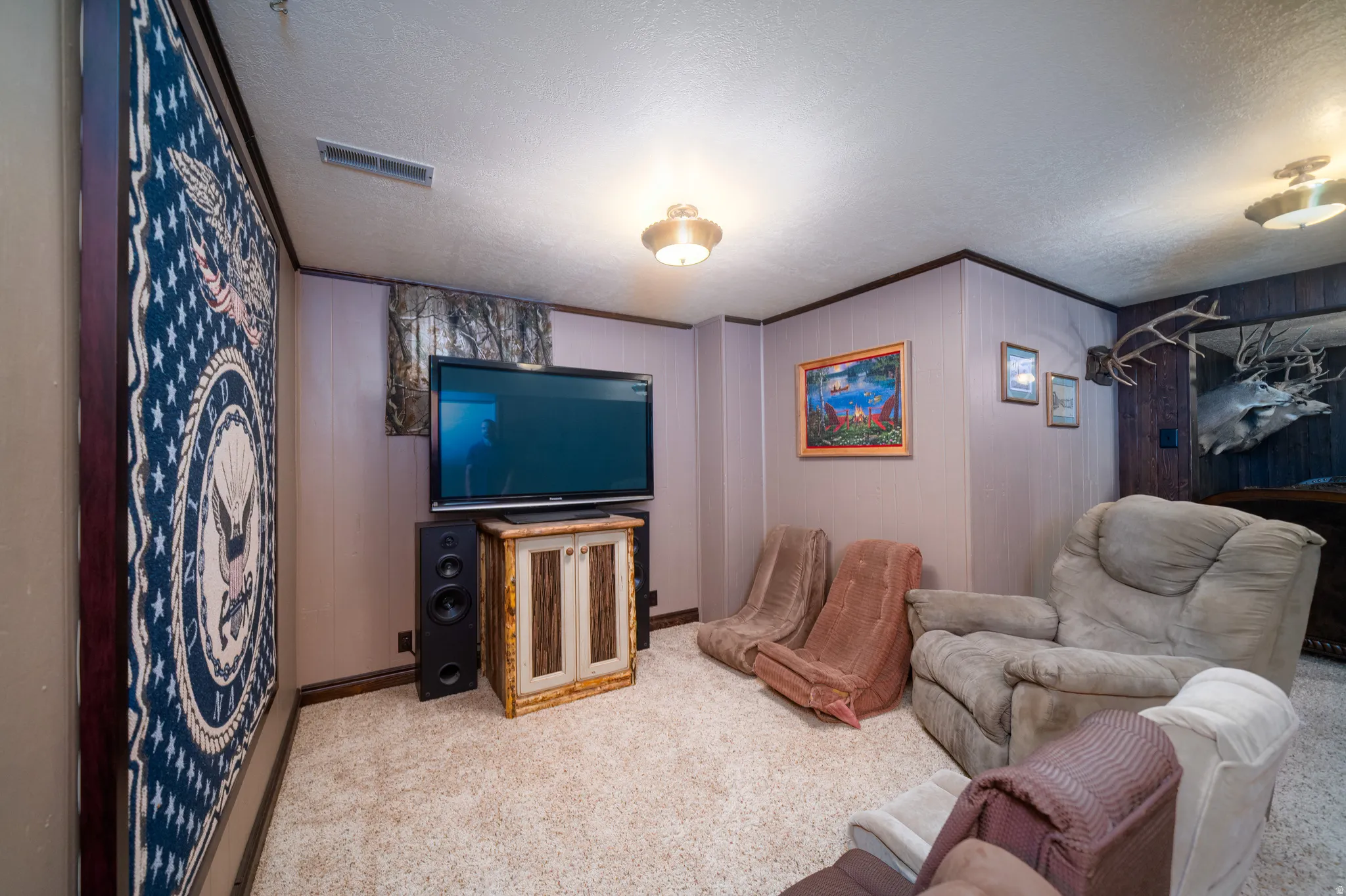Carpeted room with light-colored paneled walls and dark trim